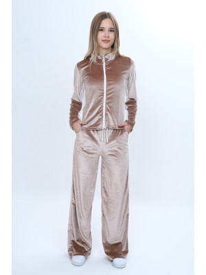 Toontoy Kız Çocuk 2'li Takım Fermuarlı Kapüşonlu Cepli Sweatshirt & Beli Lastikli Bol Paça Cepli Eşofman Altı - Garni Detaylı & Kadife