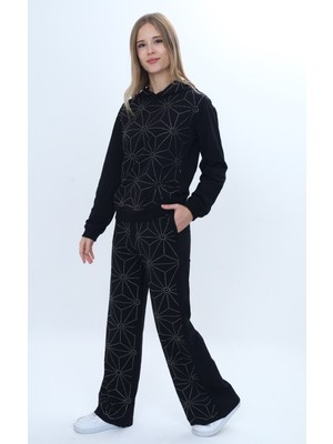 Toontoy Kız Çocuk 2'li Takım Taş Işlemeli Kapüşonlu Sweatshirt & Beli Lastikli Bol Paça Cepli Eşofman Altı - 2 Iplik