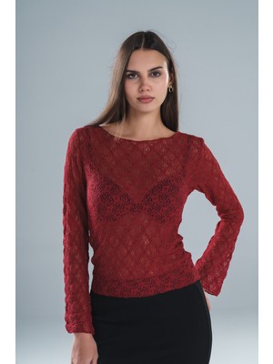 Paw Garage Kadın Örme Dantel Kumaş Bisiklet Yaka Ispanyol Kol Bluz