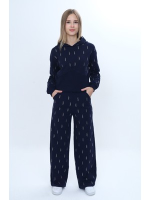 Toontoy Kız Çocuk 2'li Takım Taş Işlemeli Kapüşonlu Sweatshirt & Beli Lastikli Bol Paça Cepli Eşofman Altı