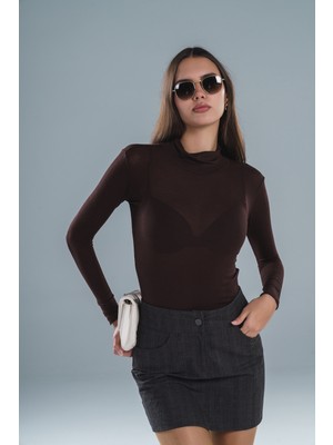 Paw Garage Kadın Dik Yaka Modal Transparan Kumaş Bluz