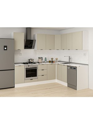 Alvinka 250-200X222 cm Mbr_b Mdf Köşe Mutfak Dolabı Beyaz Kumtaşı