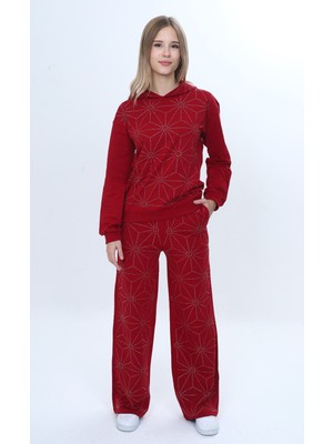 Toontoy Kız Çocuk 2'li Takım Taş Işlemeli Kapüşonlu Sweatshirt & Beli Lastikli Bol Paça Cepli Eşofman Altı - 2 Iplik