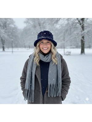 IRONMOON Yün Kadın Atkı Şal Omuz Şalı 50X170VE Peluş Kova Bucket Şapka Seti