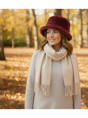 IRONMOON Yün Kadın Atkı Şal Omuz Şalı 50X170VE Peluş Kova Bucket Şapka Seti