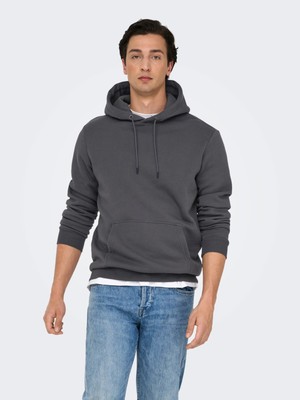 Only & Sons Erkek Regular Fit Koyu Gri Kapüşonlu Sweatshirt - 22018685