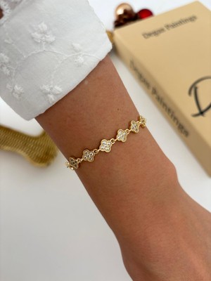 Marsel Özel Seri Mini Yonca Zirkon Taşlı Kalp Şerit 14K Gold Bileklik