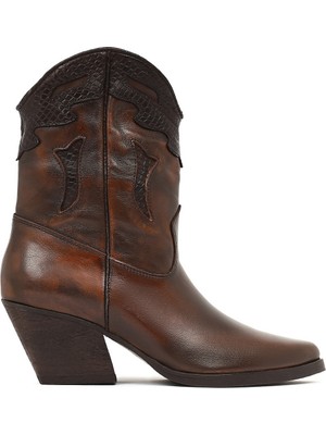 Derimod Kadın Kahverengi Kısa Kalın Topuklu Deri Kovboy Bot 25WFD182518