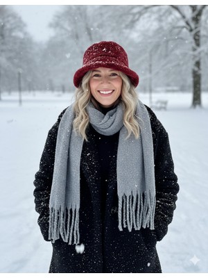 IRONMOON Yün Kadın Atkı Şal Omuz Şalı 50X170VE Peluş Kova Bucket Şapka Seti