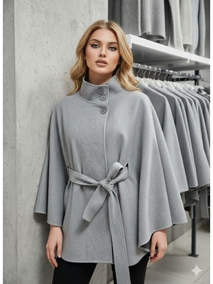 Ribana Classic Kadın Kuşak Detaylı Dik Yaka Düğmeli Pelerin Kaşe Panço