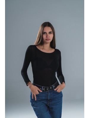 Paw Garage Kadın Sıfır Yaka Modal Transparan Kumaş Bluz