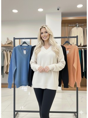 Ribana Classic Kadın V Yaka Oversize Basic Kare Desenli Fitilli  Triko Kazak - 6542