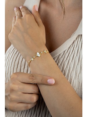 Altın Kaplama 925 Ayar Gümüş Sedefli Istiridye Motifli Kutu Zincir Bileklik