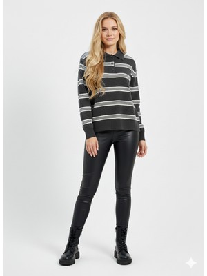 Ribana Classic Kadın Çizgili Oversize Kesim Polo Yaka  Trend Triko Kazak 2594