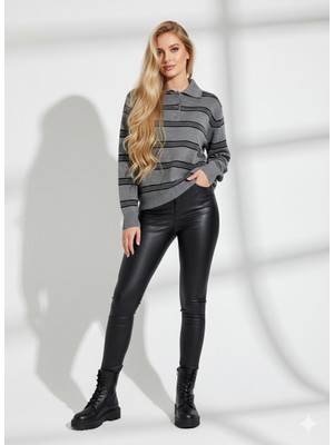 Ribana Classic Kadın Çizgili Oversize Kesim Polo Yaka  Trend Triko Kazak 2594