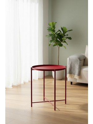 Royal Gross Modern Metal Yuvarlak Yan Sehpa - Kırmızı Dekoratif Antrasit Paslanmaz Fırın Boyalı Servis Sehpası