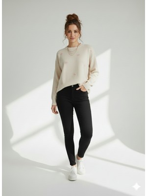 Ribana Classic Kadın Fiyonk Detaylı Bisiklet Yaka Çift Iplikli Triko Kazak