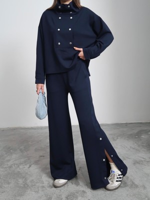 Paw Garage Kadın Navy Kışlık Modal Kumaş Çıtçıt Detaylı Takım