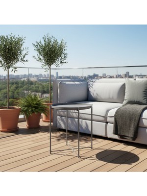 Royal Gross Modern Metal Yuvarlak Yan Sehpa - Gri Dekoratif Antrasit Paslanmaz Fırın Boyalı Servis Sehpası