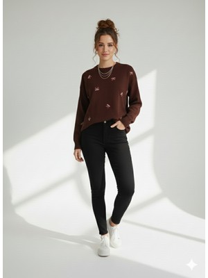 Ribana Classic Kadın Fiyonk Detaylı Bisiklet Yaka Çift Iplikli Triko Kazak