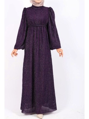 Kolu Lastikli Sim Çizgili Kemerli  Elbise -Mor