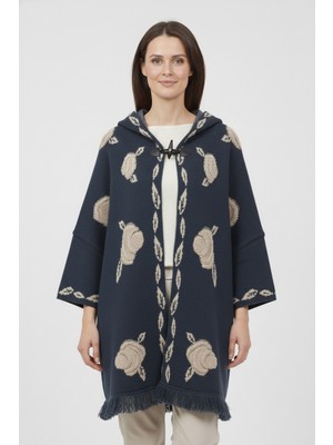 uludağ triko Indigo Kabartmalı Gül Desenli Kapüşonlu Kadın Panço