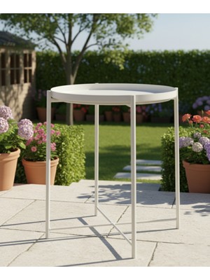 Royal Gross Modern Metal Yuvarlak Yan Sehpa -Beyaz Dekoratif Antrasit Paslanmaz Fırın Boyalı Servis Sehpası