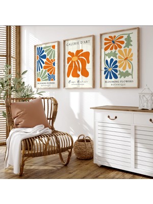Pam Studio Blooming Flowers Çiçek Desenli 3’lü Ahşap Çerçeveli Tablo Seti – Renkli Modern Duvar Dekoru Poster