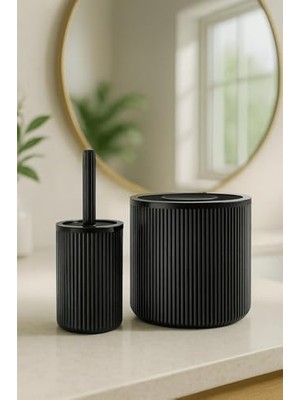 Karokstore Serisi Siyah Banyo Seti, 2 Parça Akrilik Silindir 5 Litre Çöp Kovası ve Tuvalet Fırçası Takımı Siyah