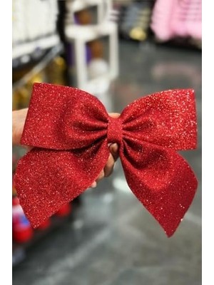 Karokstore Yılbaşı Ağacı 2'li Fiyonk Kırmızı Simli Eva Kapı ve Cam Süsleme