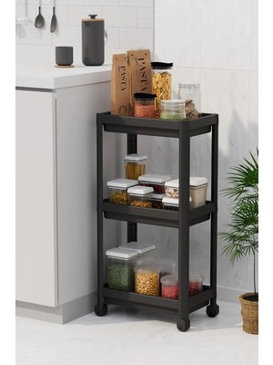 Karokstore 3 Katlı Tekerlekli Raf Ünitesi - Banyo & Mutfak Organizer - Çok Amaçlı Servis Sehpası - Dar Alanlar Için Pratik Saklama Çözümü (Siyah)