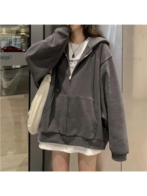 Düz Füme Fermuarlı Kalın Kumaş Oversize Unisex Kapüşonlu Hırka