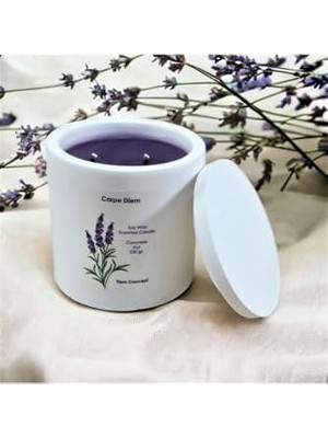 Karokstore Tiem  Dekoratif Lavanta Kokulu Beyaz Renkli Saksılı ve Kapaklı Soya Mum