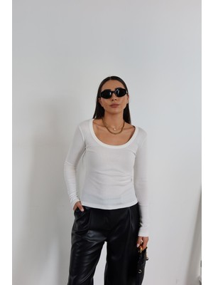 Özge Özgenç U Yaka Uzun Kollu Fitilli Basic Bluz