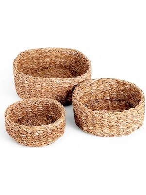 Karokstore 3'lü Rustik El Yapımı Doğal Yuvarlak Hasır Düzenleyici Seti | 3'lü Hasır Yuvarlak Organizer Seti – Dekoratif, Çok Amaçlı ve Dayanıklı Sepetler (30X30X12CM – 25X25X10CM – 20X20X8CM)