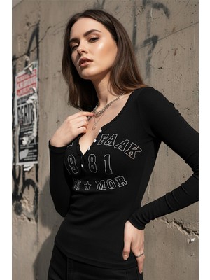 Vintage Siyah Waat Faak Rock More Uzun Kollu Crop