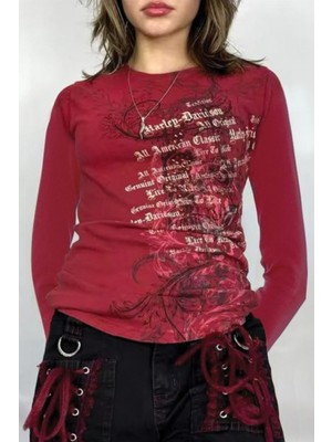 Köstebek Kırmızı Skull Life Cyber Grunge Gotik Y2K Uzun Kollu Crop