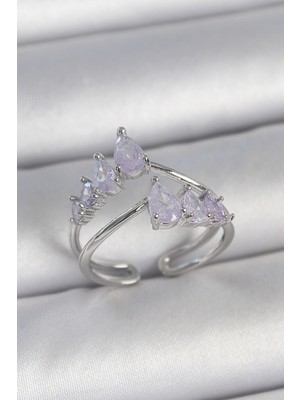 Pirinç Gümüş Renk Mor Damla Zirkon Taşlı Taç Model Kadın Yüzük - Lisinya