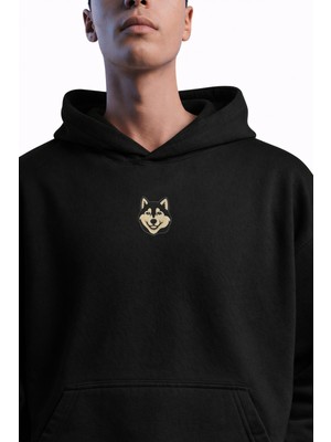 Muhtar Store Husky Baskılı Siyah Hoodie – Unisex Oversize Kapüşonlu Sweatshirt