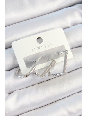 Pirinç Zirkon Taşlı Dikdörtgen Model Gümüş Renk 3'lü Çift Kadın Küpe Set - Lisinya