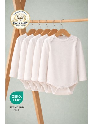 Pamuk Saray Bebek Body Zıbın 5'li Set %100 Organik Pamuk Beyaz Uzun Kollu Doğal Kumaş