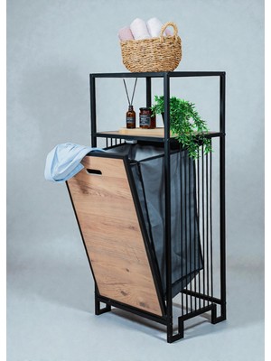 Bye Concept & More Dekoratif Kirli Sepetli Banyo Dolabı Ahşap Raflı Metal Gövdeli 2 Raflı Çamaşır Sepeti Banyo Düzenleyici Organizer