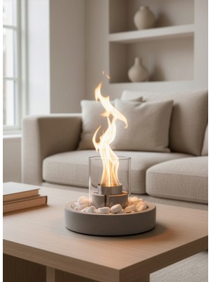 Zuri Design Beton Masaüstü Şömine – Dumansız Dekoratif Taşlı Biyoetanol Şömine + 1 Lt Yakıt Hediyeli | Luma Z.3