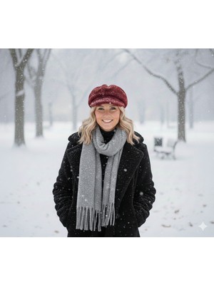 IRONMOON Yün Kadın Şal 50X170 ve Peluş Kasket Şapka Seti