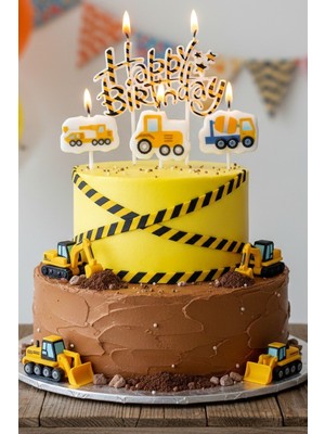 Inşaat Happy Birthday 4 Lü Doğum Günü Parti Seti Süsü Mumu