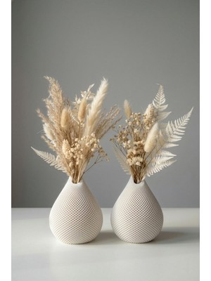 Zuri Design 2'li Beyaz File Dokulu Damla Form Dekoratif Vazo Seti