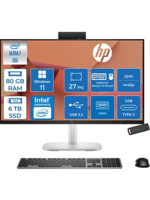 Hp Elitestudio 8 G1I Intel Core Ultra 7 265 5.3 Ghz 80GB Ddr5 6tb SSD Intel Aı Boost Windows 11 Pro 27" Qhd (2560 x 1440) IPS All In One Bilgisayar WC6QV6ETP41 + Zetta Flash Bellek