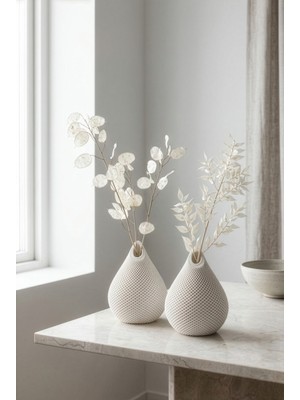 Zuri Design 2'li Beyaz File Dokulu Damla Form Dekoratif Biblo Seti