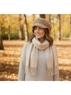 IRONMOON Yün Kadın Şal 50X170 ve Peluş Kasket Şapka Seti