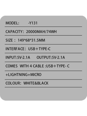 Karokstore 20000MAH Powerbank LED Ekranlı Type-C USB Micro USB Kablolu Tüm Uçlar (20000MAH)